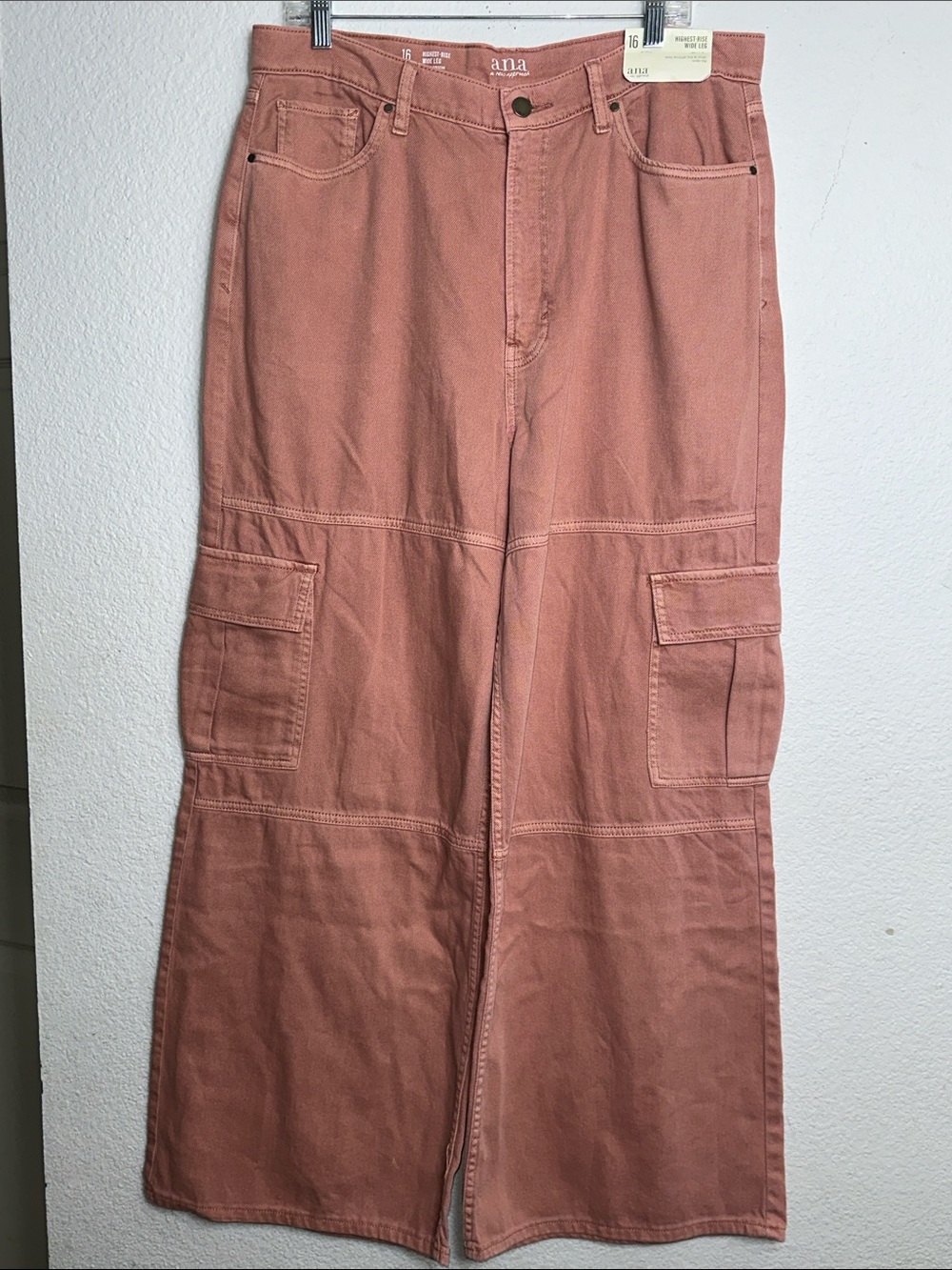 NEW A.n.a Pants Womens 16 Jeans Highest Rise Cargo Wide Leg Stretch Baggy Pink